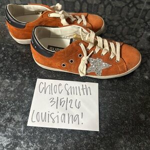 Golden Goose Orange Suede Sneakers with Silver Glitter Star